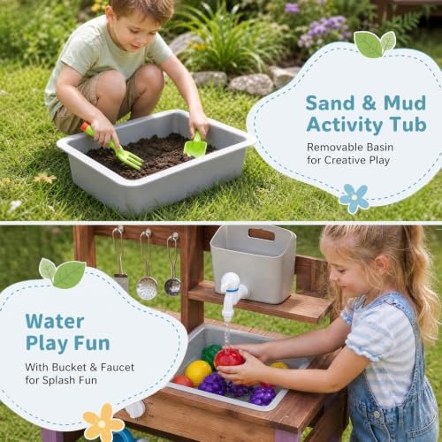 HONEY JOY Mud Kitchen with Planter Box and Running Water, Fir Wood Kids Potting Bench Mud Table, Water Tank & Gardening Tools Set, Sensory Outdoor Play Kitchen for Toddler Girls Boys(Purple)