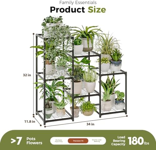 Bamworld Black Plant Stand Outdoor Metal Plant Shelf for Multiple Plants