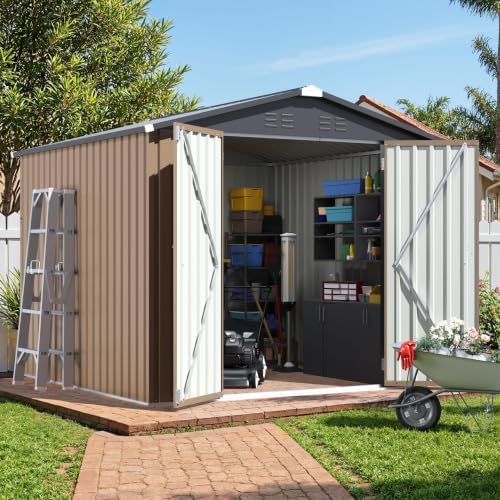 JUMMICO 8x8 FT Outdoor Storage Shed, Tool Metal Sheds, Brown