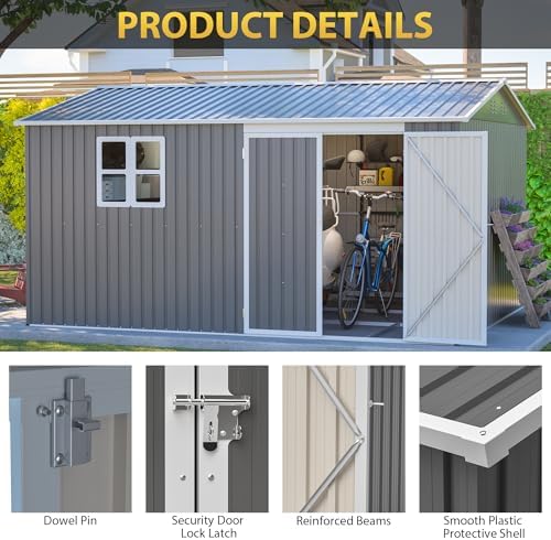 Storage Shed 12x10 FT, Large Metal Tool Shed for Outdoor Storage, Galvanized Steel Garden Shed with Lockable Doors for Patio, Backyard, Lawn, Grey