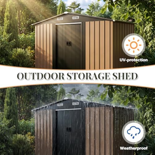 LAUSAINT HOME 10 x 4.5 FT Outdoor Storage Shed, Galvanized Steel Storage Shed with Double Sliding Doors, Gable Roof & Air Vent for Backyard, Brown