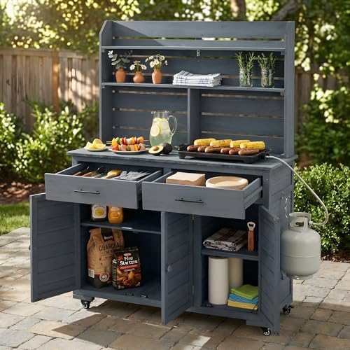 65''H Large Garden Potting Bench with Lockable Wheels and Storage,Wood Outdoor Kitchen Island Prep Cart with Hutch Top,Drawers and Removal Shelves for Grilling (Gray-LG)