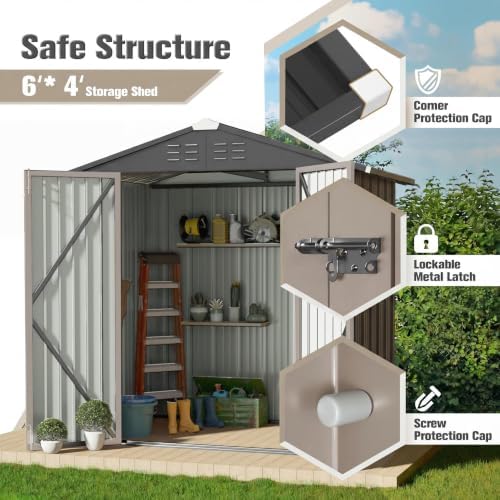 JUMMICO Metal Outdoor Storage Shed 8 x 6 FT Metal Shed with Lockable Door,Waterproof Garden Tool Shed Storage House for Backyard Patio Lawn,Brown