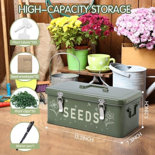 Seed Storage Organizer with Locking Lid, Metal Seed Packet Container with 4 Compartments, Includes 50 Seed Envelopes 100 Plant Labels 50 Plant Clips 1 Marker Pen, Saving Box Gift for Gardeners