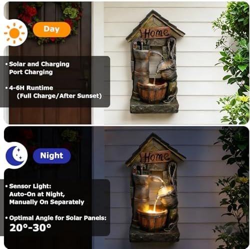 28.7" H Solar Outdoor Water Fountain,3-Tier Solar Powered Rustic Barrel Pump Water Fountain Cascading Waterfall Fountains Outside for Garden, Patio, Backyard, Porch/Two Placement Options