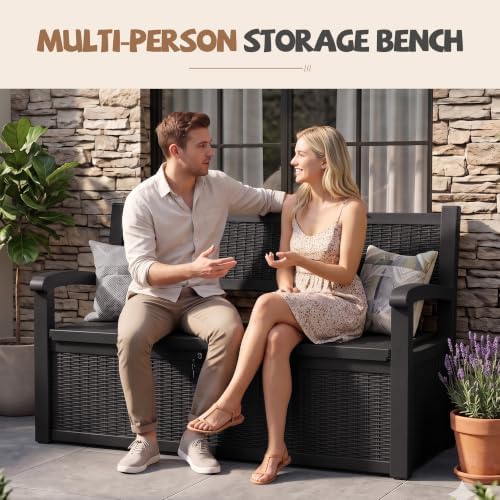 Outdoor Bench Storage Deck Box,130 Gallon Waterproof Wicker