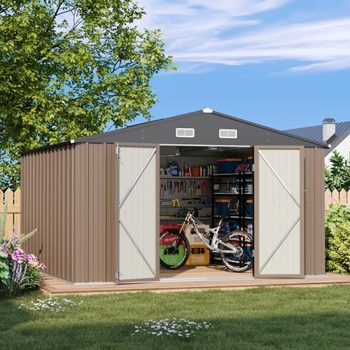 Patiowell 10x10 FT Metal Storage Shed, Brown