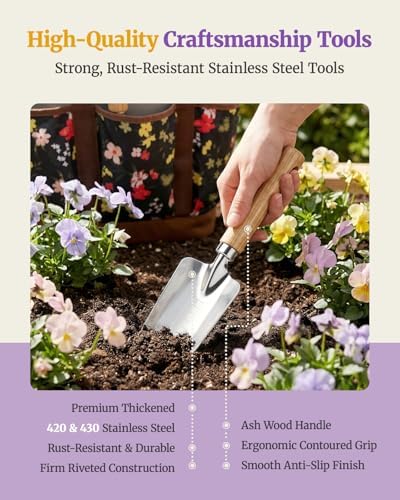 10Pcs Garden Tool Set, Rust-Proof Stainless Steel, Ash Wood Handles, Pink