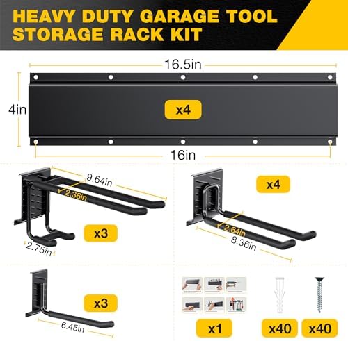 Garage Tool Organizer Wall Mount with 64 inches Rails and 10 Adjustable Heavy-Duty Hooks, Garden Tool Organizer, 14 Pack Carries 630 lbs, Heavy Duty Garage Storage Rack For Yard, Shed, Easy to install