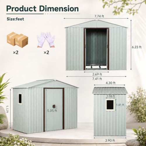 8 x 4 FT Outdoor Storage Shed, Metal Garden Shed with Floor Frame, Tool Shed Outdoor Storage with Lockable Sliding Doors & Window & Air Vents, Storage House Waterproof for Backyard, Lawn, White