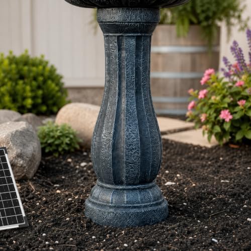 XBrand 44" H Gray Fiberglass/Resin 2-Tier Solar Water Fountain w/Solar Panel and Auto-Shut Off Pump, Solar Garden Fountain, Tall Outdoor Fountain, Two Tiered Birdbath Fountain