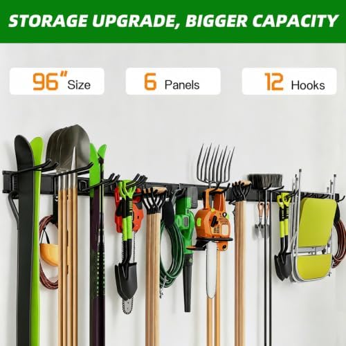 Garage Wall Organizer, 96 in Garden Tool Organizer with 12 Adjustable Hooks