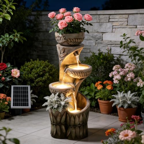 35.5" H Solar Water Fountain Outdoor with LED Lights, 4-Tier Cascading Garden Fountain with Planter Pots, Solar Powered Waterfall for Patio Yard Porch