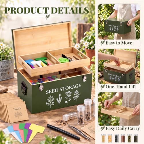 Wood Seed Storage Box Garden Seed Organizer with Removable Tray Saving Kit