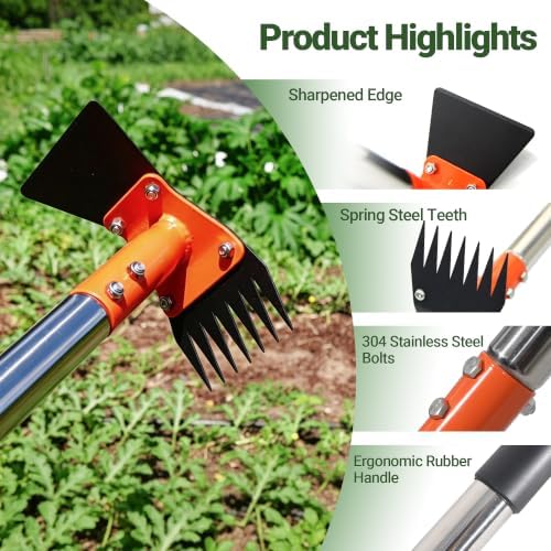 2-in-1 Garden Hoe and Weed Puller Rake 61 Inch Spring Steel Head Adjustable Long Handle Weeding Tool Heavy Duty Sand Texture Finish, Weed Remover for Garden, Yard, Lawn, Driveway