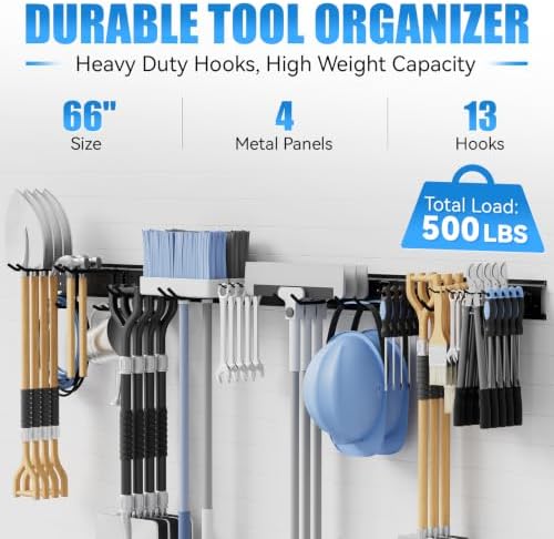 66" Garage Tool Organizer Wall-Mounted, Heavy Duty Garage Wall Organizer with 13 Adjustable Hooks, Garden Tool Storage Rack, Holds Up to 500 lbs