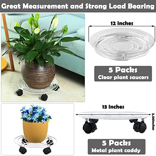 5 Packs Large Metal Plant Caddy with Wheels 13" Heavy-Duty Wrought Iron Rolling Plant Stands with Casters Plant Dolly Roller Base for Indoor and Outdoor Plant Pot Movers Coasters, White