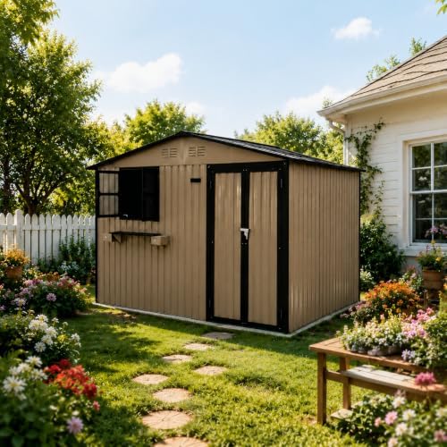 10x8 FT Outdoor Storage Shed with 2 Clear Windows, Metal Garden Shed with Flower Racks & Baskets, Outside Tool Shed with Lockable Double Doors, Waterproof Storage Building for Backyard, Brown