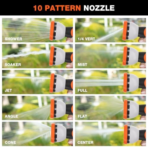 Garden Hose Nozzle, Hose Sprayer Nozzle with 10 Spray Patterns, Thumb Control On Off Valve,2 Pack Heavy Duty Metal Water Hose Nozzle for Car Wash, Plants, Pets & Outdoor Cleaning Green Orange