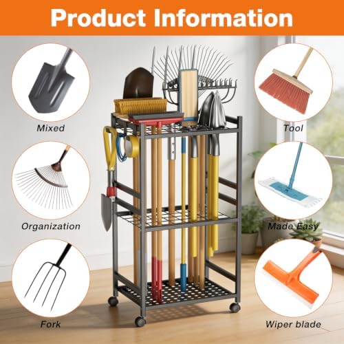 Garden Tool Organizer with Wheels, Yard Tool Rack with 3 Side Hooks Holds Up to 40Pcs Long-Handled Tools Garden Tool Rack Metal Garage Tool Storage for Garage Yard Patio Shed Organization