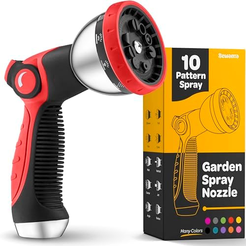 Hose Nozzle [Red] Heavy Duty Hose Sprayer With 10 Adjustable Watering Patterns. Thumb Control Design, Comfortable Ergonomic Grip, Garden Hose Nozzle for Watering Plants & Lawns/Fun showers/Cleaning