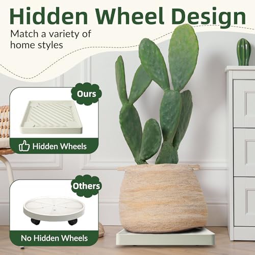 2PCS Square Plant Caddy with Hidden Wheels, Heavy Duty Rolling Plant Stand Caddy with Wheels, Pot Base for Indoor Outdoor, Beige, 9.96 inches