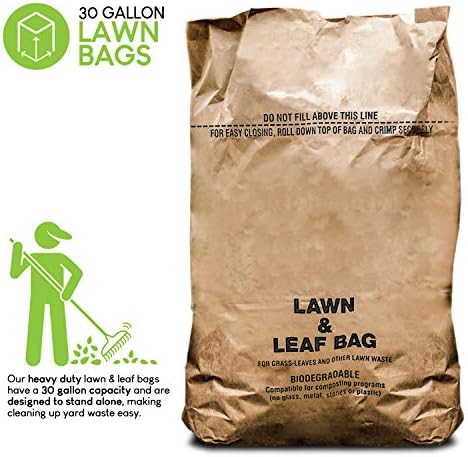 30 Gallon Kraft Lawn and Leaf Bags (10 Pack) Eco-Friendly Heavy Duty Large Paper Trash Bags, Tear Resistant Yard Waste Bags for Grass Clippings, Wet and Dry Leaves, Weeds, Twigs
