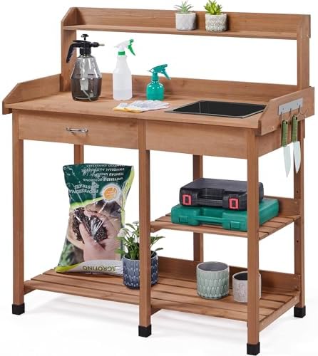 Yaheetech Potting Bench with Sink & Drawer, Outdoor Gardening Table, Brown
