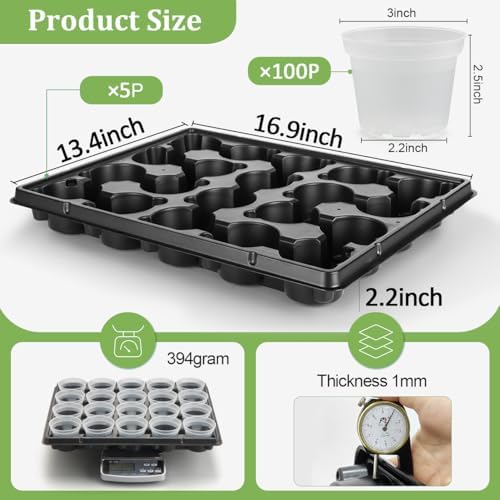 3 Inch Clear Nursery Pots 100 Pcs with 5 Pcs 20 Cell Potting Trays, 5 Sets Seed Starting Kit for Seedlings Cuttings Indoor Growing, Sturdy Transparent Plant Pot Carrying Tray Germination Set