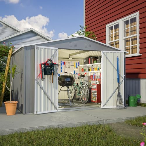 YOPTO 10X8 FT Outdoor Storage Shed,Metal Shed W/Floor Frame,Garden Tool House W/Lockable Hinged Door,Air Vents & Sloped Roof,for Backyard Patio Lawn,Gray