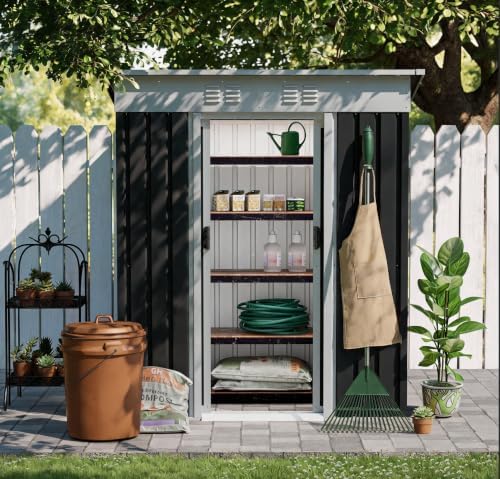 5x3FT Steel Outdoor Storage Shed, Metal Garden Shed, Tool Shed with Lockable Door & Slooping Roof for Backyard Grey