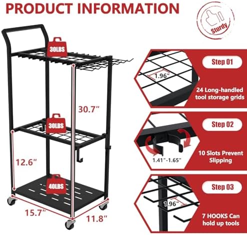 Garden Tool Organizer with Wheels, Rolling Yard Tool Rack with 14 Hooks & 5 Slots, 3-Tier Metal Cart Holds 50+ Rakes/Shovels/Brooms, Mobile Lawn Storage for Garage Shed Outdoor