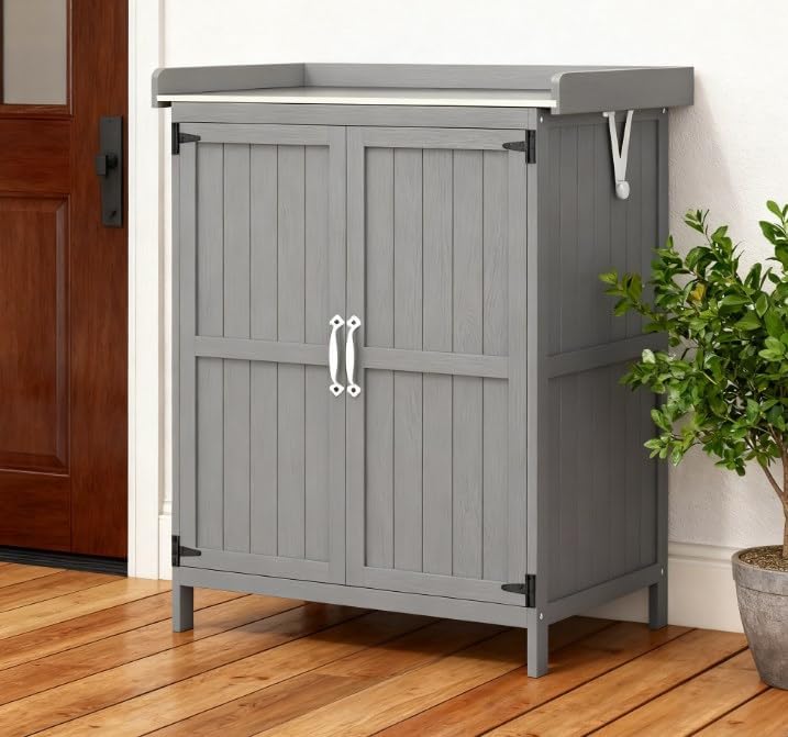 Wooden Potting Bench with Storage Cabinet, Outdoor Garden Tool Shed with Metal Tabletop & Shelf, 29.1" W X 16.9" D X 34.6" H