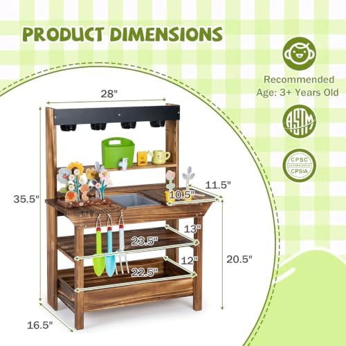 HONEY JOY Mud Kitchen, Fir Wood Kids Potting Bench Table, Removable Sink, 4 Planting Cups, Accessories, Outdoor Play Kitchen for Toddlers, Garden Time Mud Kitchen for Kids Outdoor Backyard