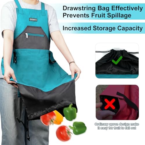 Garden Apron,Harvest Aprons with Drawstring Bag and Pockets for Women and Men,Canvas Fruit Picking Apron