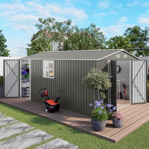 YOPTO 10x14 FT Large Outdoor Storage Shed,Durable Metal Garden Shed with Three Lockable Doors and Two Windows,Waterproof Tool Shed for Backyard Patio,All-Weather Shelter for Bike,Lawn Mowers,Grey