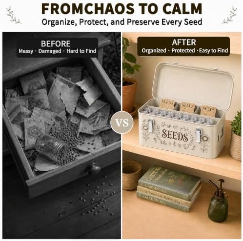 Metal Seed Storage Organizer, Locking Seed Saving Box, Beige