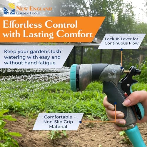 Water Sprayer Nozzle 500007, 8-Pattern Metal Water Nozzle w/Rear Trigger, High Pressure for Plant Watering, Car Cleaning & Heavy-Duty Tasks, Fits Outdoor Garden Hoses, by New England Garden Tools
