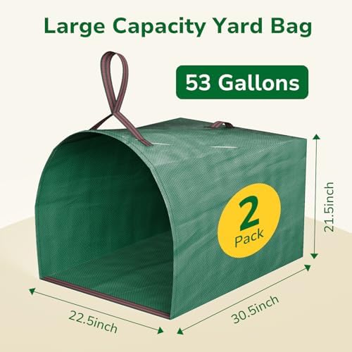 53 Gallon Yard Waste Bags, 2-Pack Reusable PP Garden Leaf Bags with Handles, Self-Standing Foldable Lawn Bag for Grass, Twigs and Debris Outdoor Cleanup