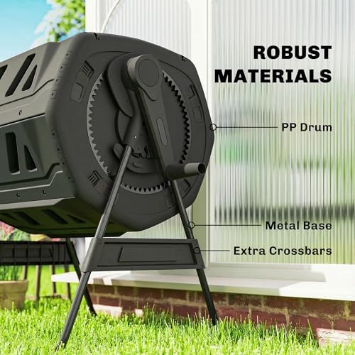 Outdoor Dual Chamber Compost Tumbler – 37" Rotating Compost Bin with Metal Base, UV-Resistant, Easy Assembly, Gardening Kit with Gloves & Tools (Black)