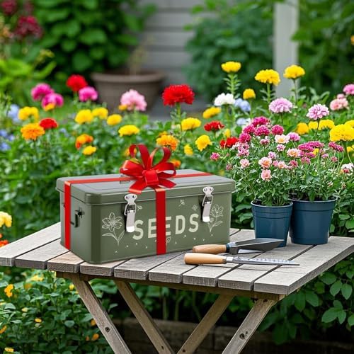 Seed Storage Organizer with Locking Lid, Metal Seed Packet Container with 4 Compartments, Includes 50 Seed Envelopes 100 Plant Labels 50 Plant Clips 1 Marker Pen, Saving Box Gift for Gardeners