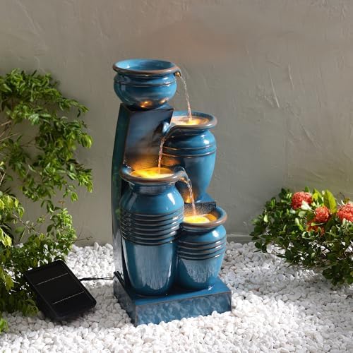 Teamson Home 28.7" 4-Tier Cascading Bowl Solar Powered Water Fountain for Outdoor Living Spaces, Blue