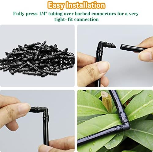 1/4 Inch Drip Irrigation Fittings Kit：140 Pieces Drip Irrigation Parts with Sharp End for 1/4" Irrigation Tubing Barbed Connectors for Home Garden 65 Couplings 50 Tees 10 Elbows 15 Goof Plugs