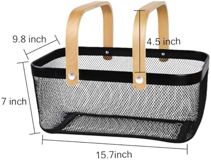 Portable Mesh Harvest Basket - Natural Bamboo Handle Foldable Organizer for Kitchen, Garden & Picnic | Ventilated Storage Bin with Rust-Proof Wire, Space-Saving Farmhouse Decor (Black)