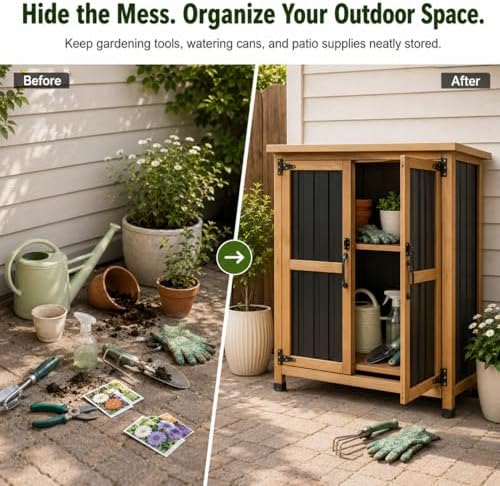 Outdoor Garden Storage Cabinet with Asphalt Roof, Lockable Double Doors