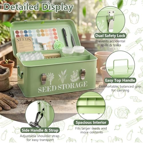 Seed Storage Organizer with Strap, 10 Large & 30 Small Bottles, Dual Locks