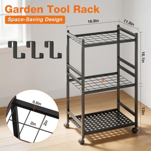 Garden Tool Organizer with Wheels, Yard Tool Rack with 3 Side Hooks Holds Up to 40Pcs Long-Handled Tools Garden Tool Rack Metal Garage Tool Storage for Garage Yard Patio Shed Organization