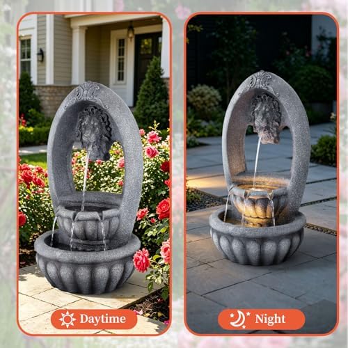 31.1" H Lion Head Fountain, 3-Tier Outdoor Water Fountain with LED Light