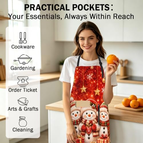 Christmas Aprons Red Snowman Kitchen Apron with 2 Pockets