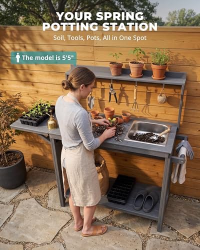 Outdoor Potting Bench Table with Removable Sink, Heavy Duty, Gray